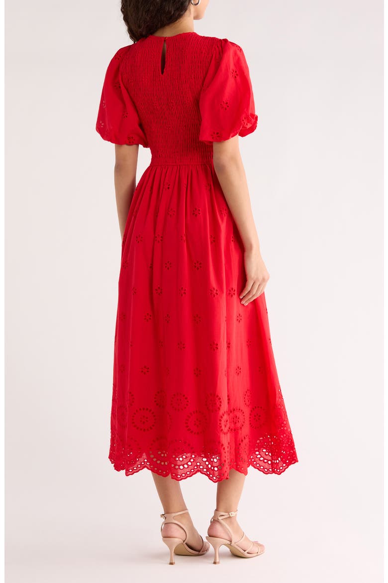 Deana Eyelet Smocked Midi Dress, Alternate, color, RED