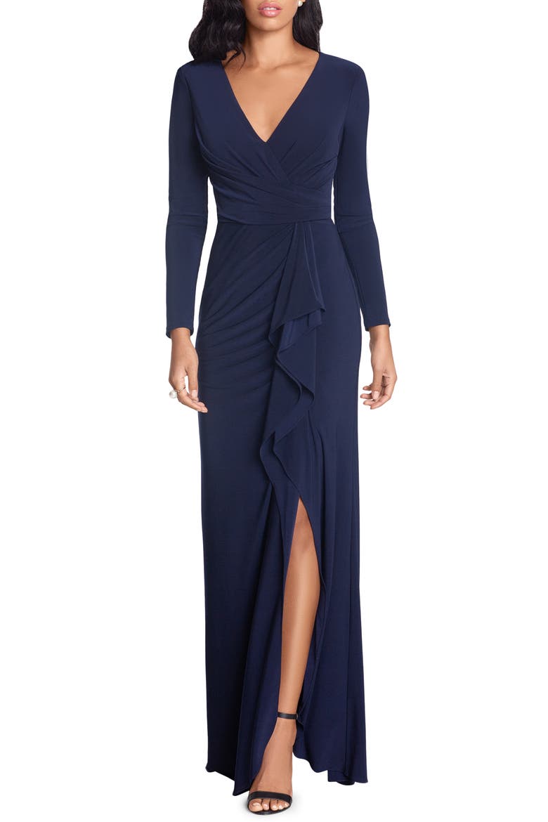 Cascade Ruffle Long Sleeve Stretch Jersey Gown, Main, color, NAVY
