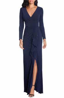 Betsy & Adam Cascade Ruffle Long Sleeve Stretch Jersey Gown
