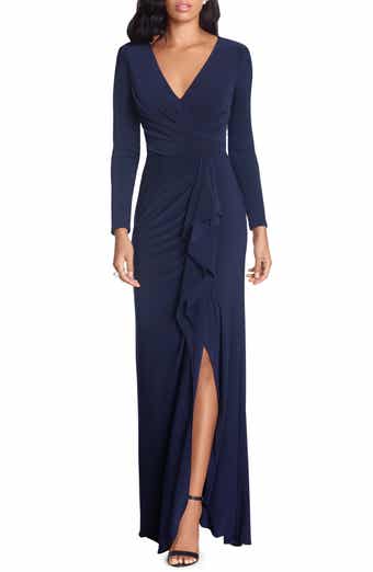 Betsy & Adam Cascade Ruffle Long Sleeve Stretch Jersey Gown