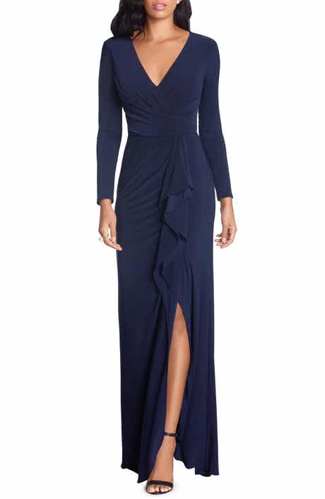 Betsy & Adam Cascade Ruffle Long Sleeve Stretch Jersey Gown