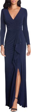 Betsy & Adam Cascade Ruffle Long Sleeve Stretch Jersey Gown