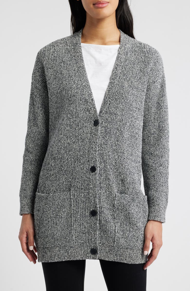 Eileen Fisher V-Neck Cotton Blend Cardigan, Alternate, color, Black/Ivory