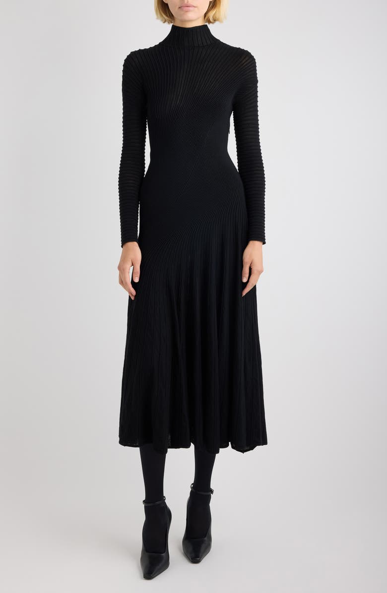 Alaïa Twisted Rib Long Sleeve Wool Blend Dress, Main, color, Noir Alaia
