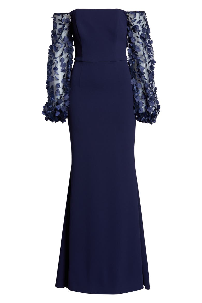 Floral Appliqué Long Sleeve Off the Shoulder Gown, Alternate, color, NAVY