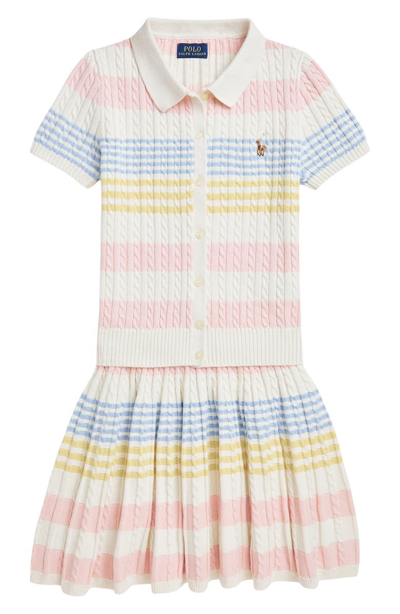 Polo Ralph Lauren Kids' Stripe Cable Cotton Polo Sweater & Pleated Skirt Set, Main, color, 