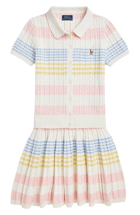 Kids' Stripe Cable Cotton Polo Sweater & Pleated Skirt Set (Big Kid)