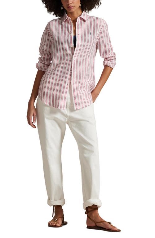 Polo Ralph Lauren Relaxed Fit Striped Linen Shirt Woman Shirt Beige Size Xl Linen In White/red