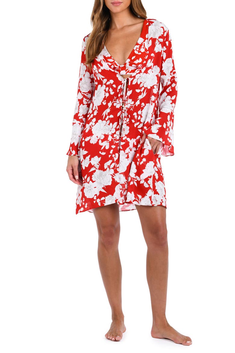 Meghan Ikebana Tie Front Long Sleeve Cover-Up, Main, color, ROUGE