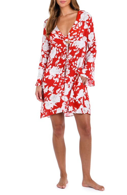 Shop L Agence L'agence Meghan Ikebana Tie Front Long Sleeve Cover-up In Rouge