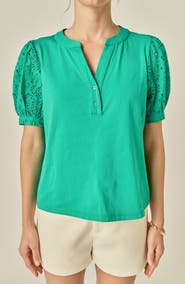 English Factory Mixed Media Eyelet Sleeve Top