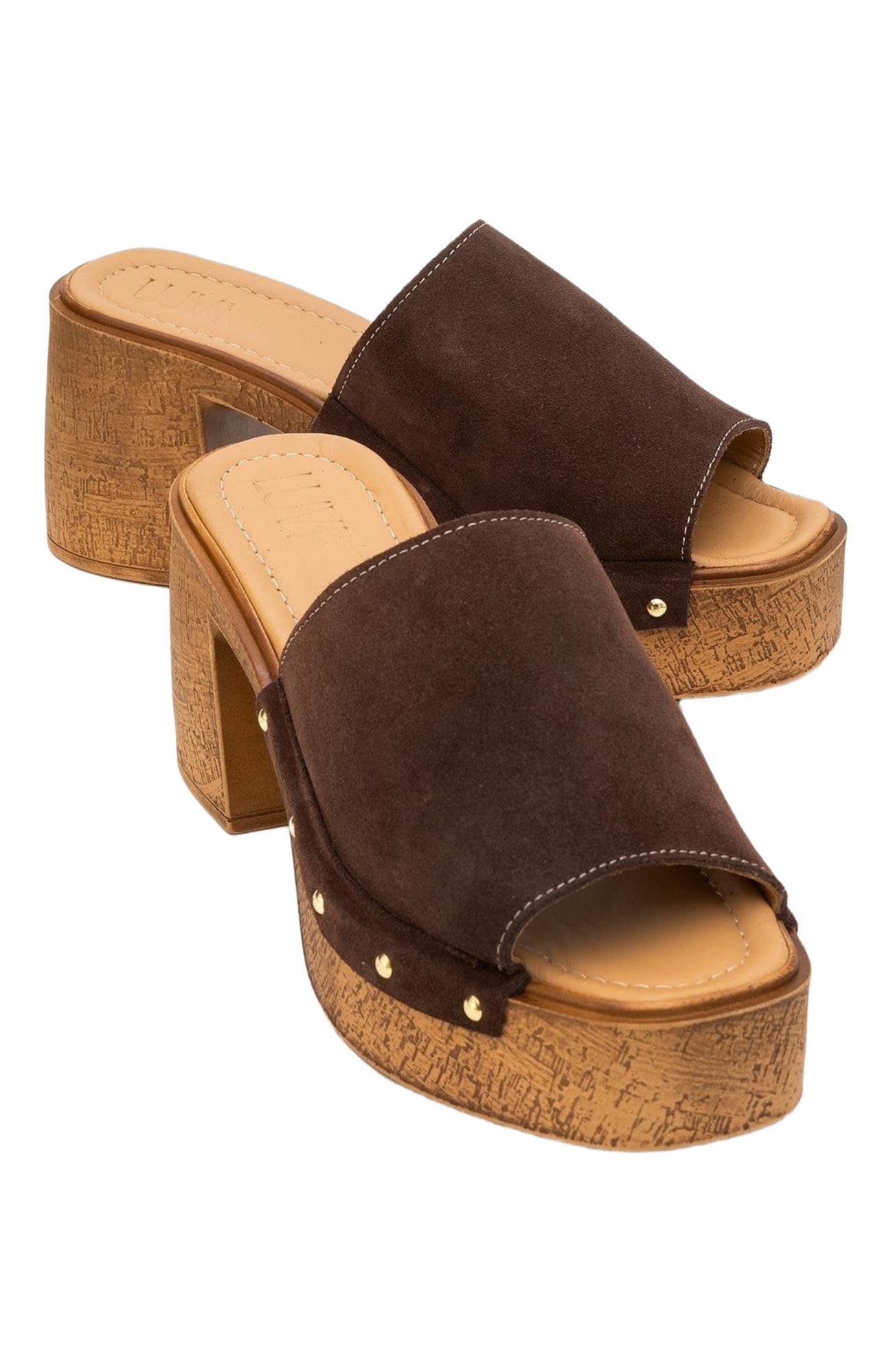 Forever & Always Shoes Pull Leather Platform Mules, Alternate, color, Dark Brown Suede Leather