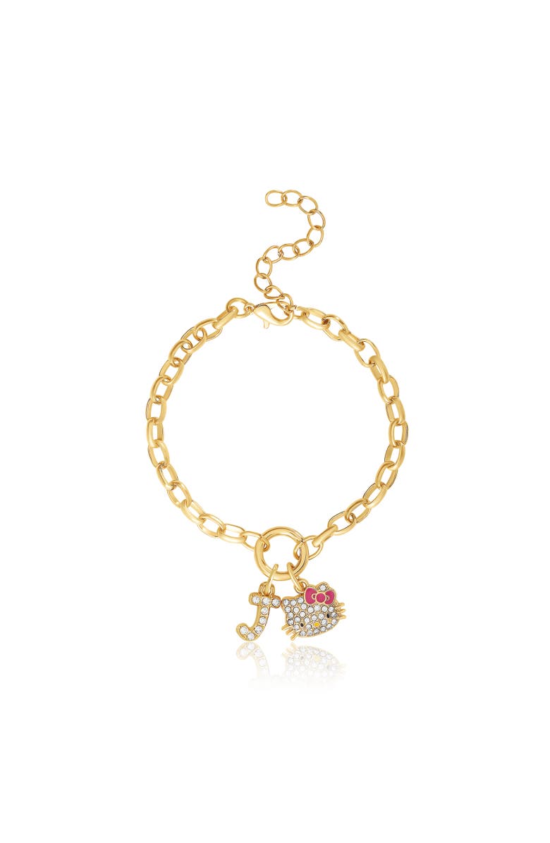 Hello Kitty Initial Crystal Charm Bracelet, Gold-Tone, Adjustable, Main, color, Gold Tone