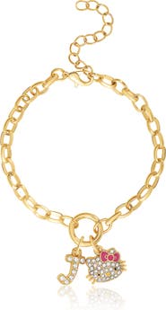 Hello Kitty Initial Crystal Charm Bracelet, Gold-Tone, Adjustable