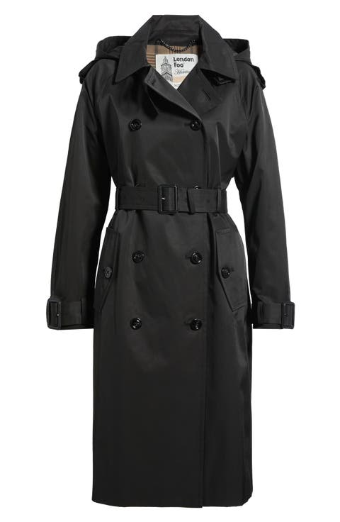 Water Resistant Double Breasted Trench Coat with Removable Hood