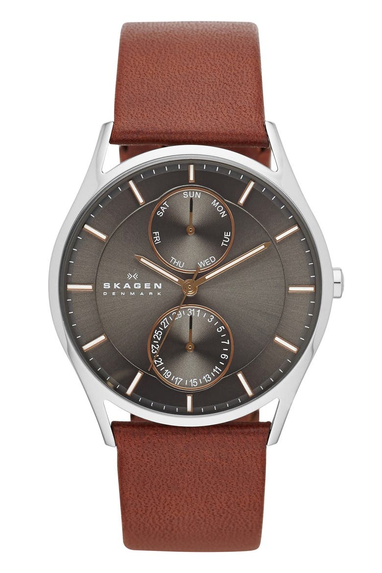 'Holst' Multifunction Leather Strap Watch, 40mm, Main, color, SADDLE/ CHARCOAL