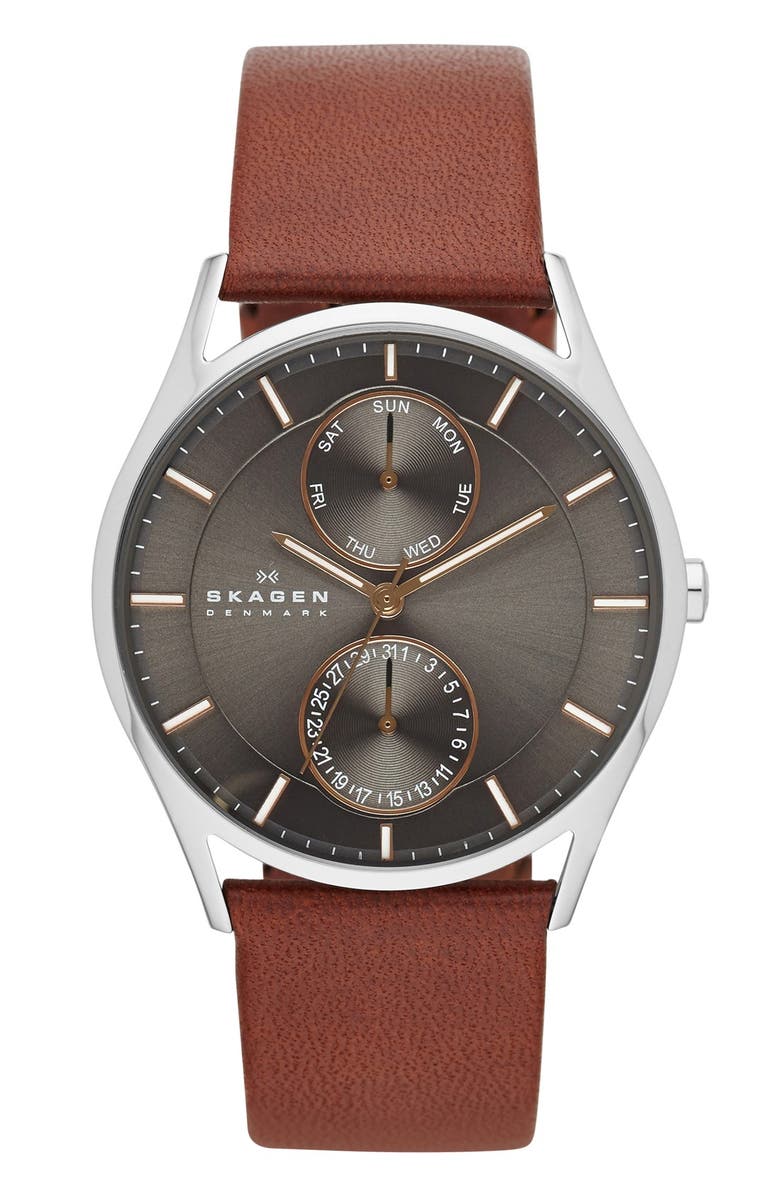 Skagen 'Holst' Multifunction Leather Strap Watch, 40mm, Main, color,