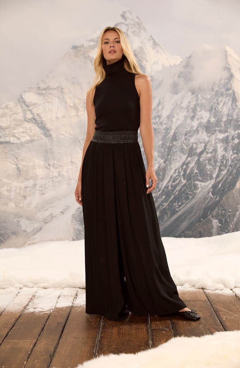 NIC+ZOE Faux Leather Waistband Wide Leg Pants, Alternate, color, Black Onyx