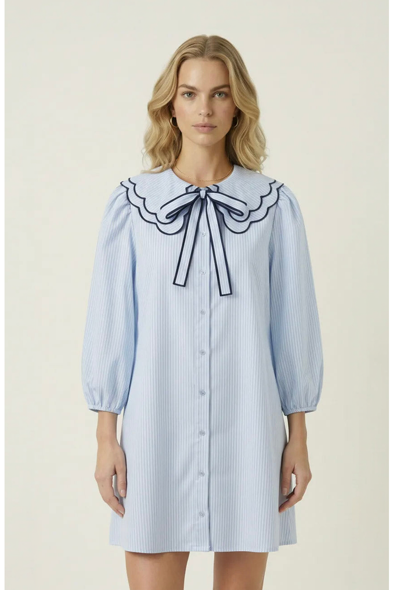 Striped Button-Front Scalloped Collar Dress, Main, color, Light Blue / White