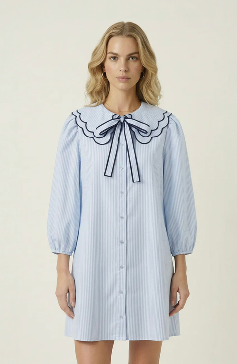 Striped Button-Front Scalloped Collar Dress