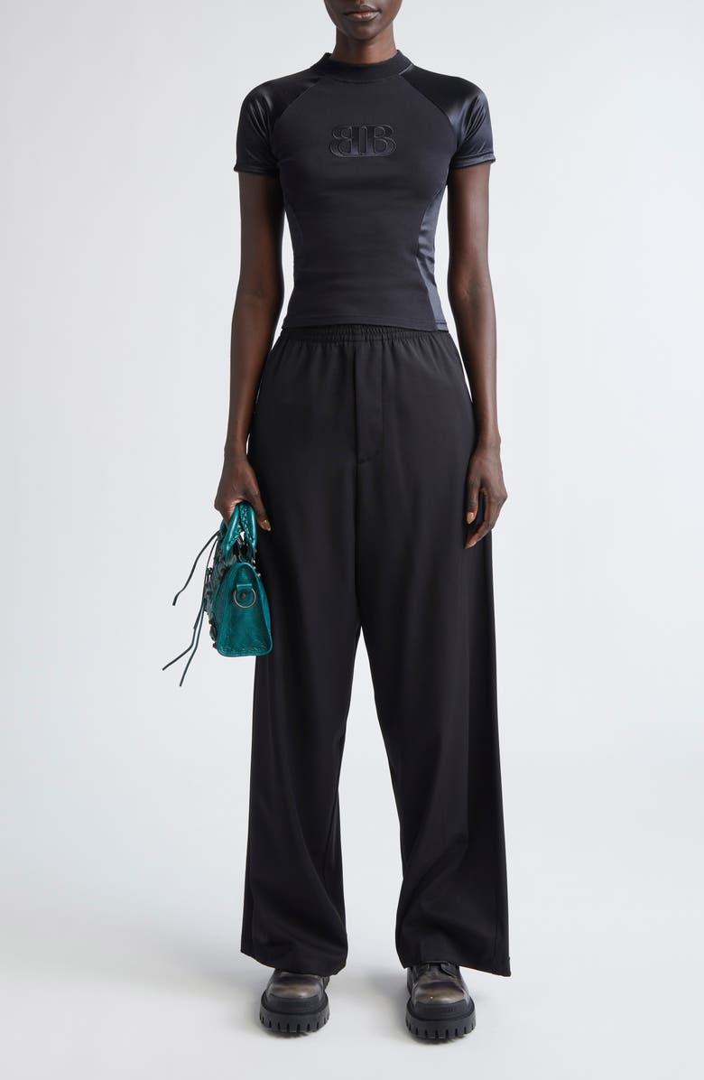 Balenciaga Nano BB Logo Mixed Media Fitted Graphic T-Shirt, Alternate, color, 1000 Black