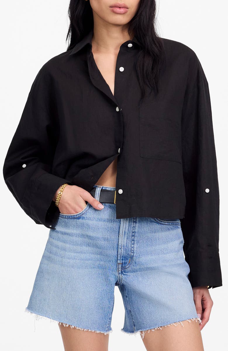 Madewell Straight Hem Crop Linen & Cotton Button-Up Shirt, Main, color, 
