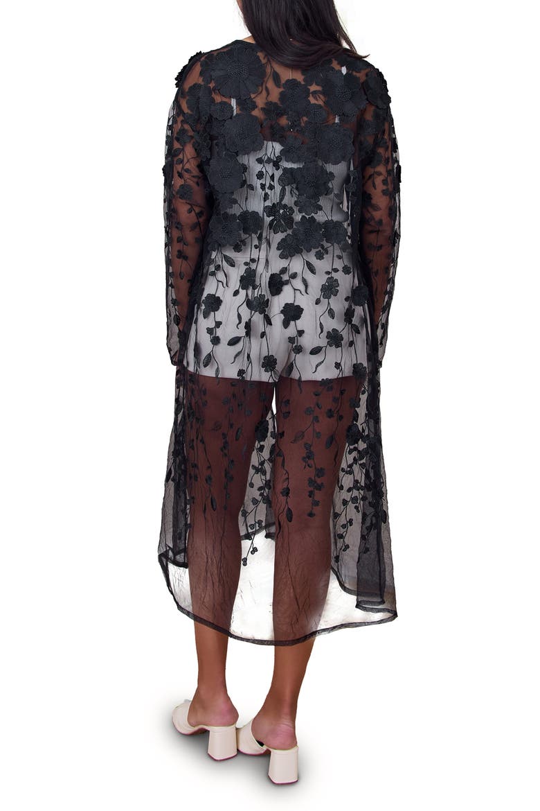 Floral Appliqué Sheer Duster, Alternate, color, BLACK