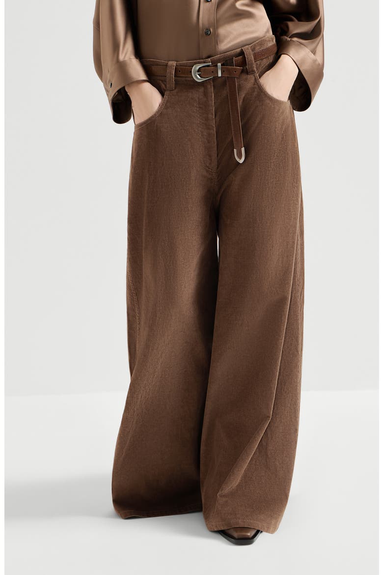 Stretch cotton and cashmere corduroy five-pocket maxi trousers with monili, Main, color, Cigar