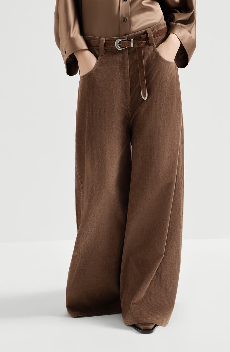 Brunello Cucinelli Stretch cotton and cashmere corduroy five-pocket maxi trousers with monili, Main, color, Cigar