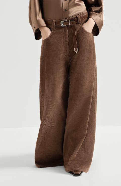 Stretch cotton and cashmere corduroy five-pocket maxi trousers with monili