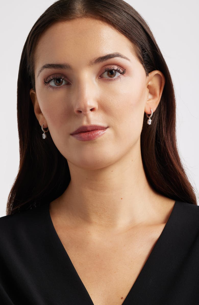 Nordstrom Cubic Zirconia Huggie Drop Earrings, Alternate, color, Platinum Plated