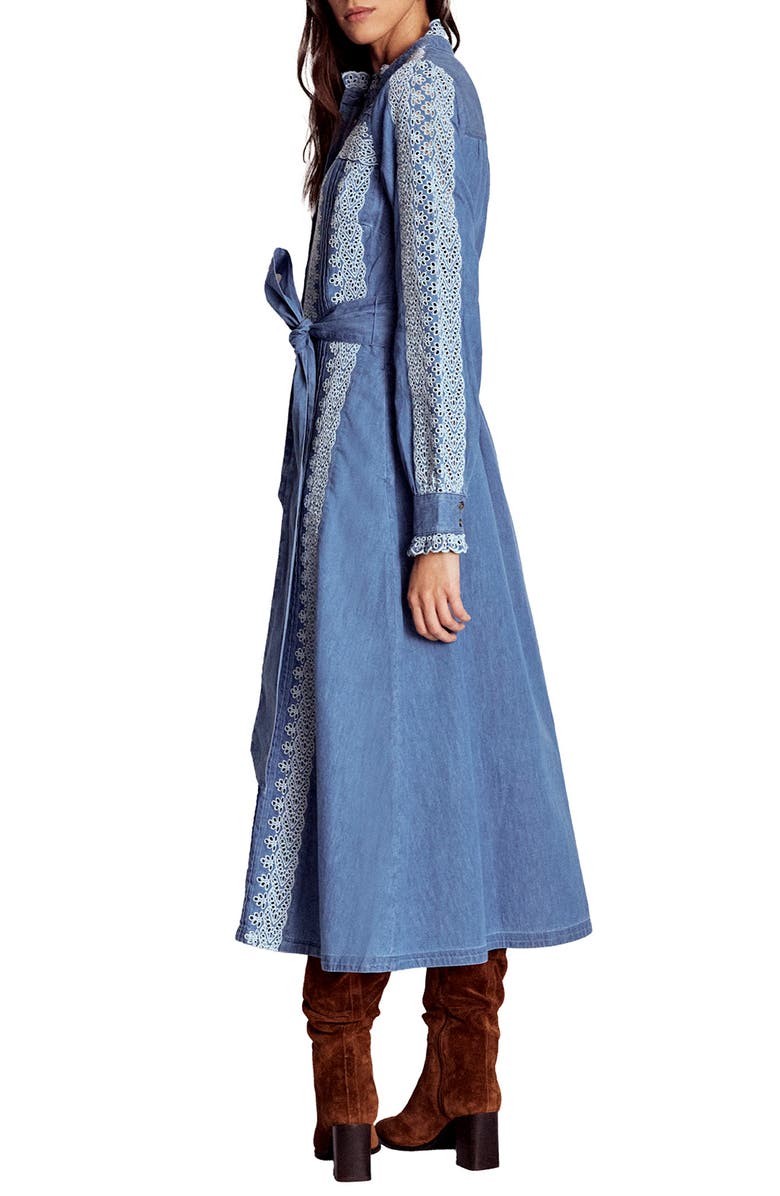 Boden Ruffle Embroidered Long Sleeve Chambray Shirtdress, Alternate, color, Light Blue Chambray