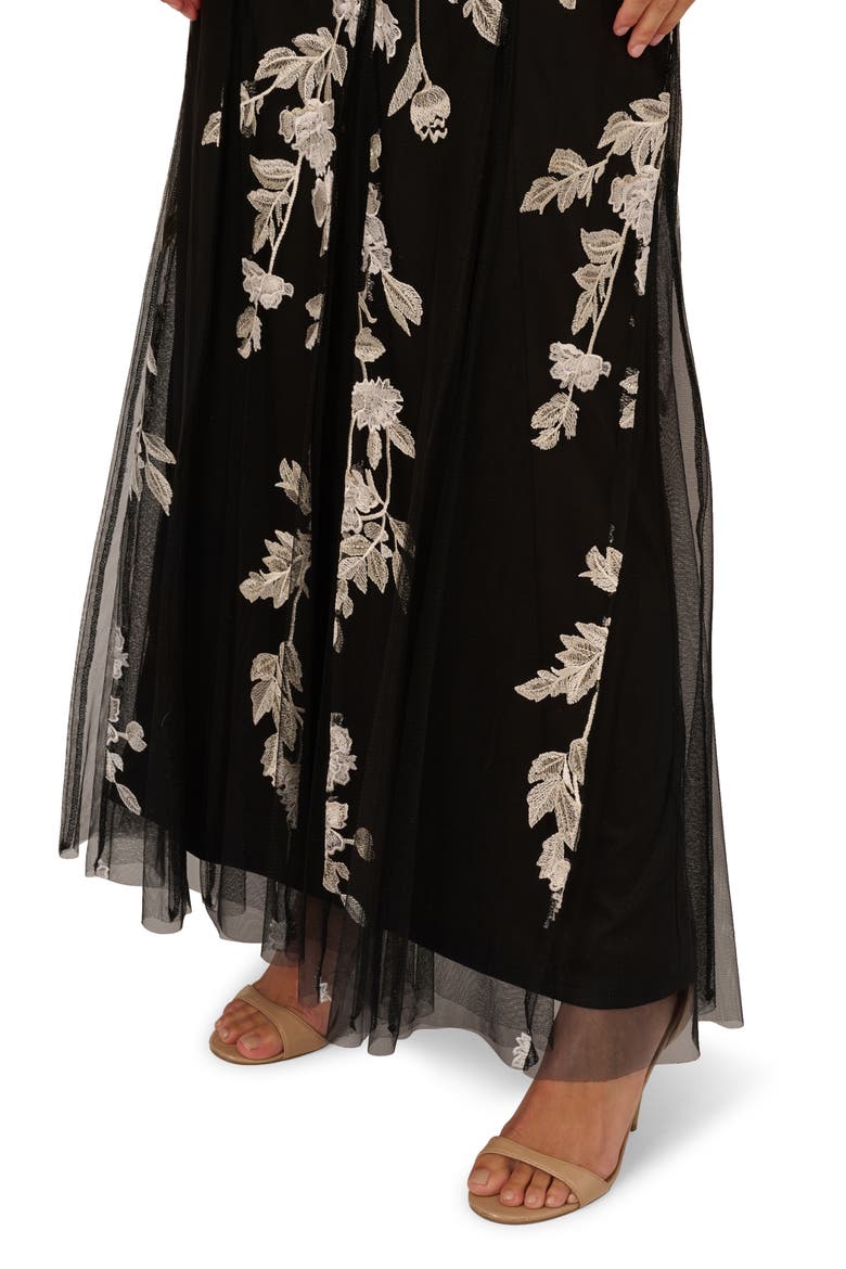 Embroidered Godet Gown, Alternate, color, BLACK/ IVORY