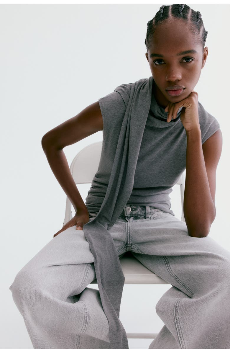 H&M Scarf-collar Top, Alternate, color, Dark Gray Melange