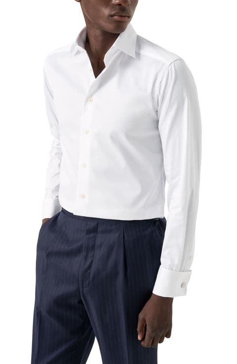 Slim Fit White Cotton Twill Dress Shirt with French Cuffs