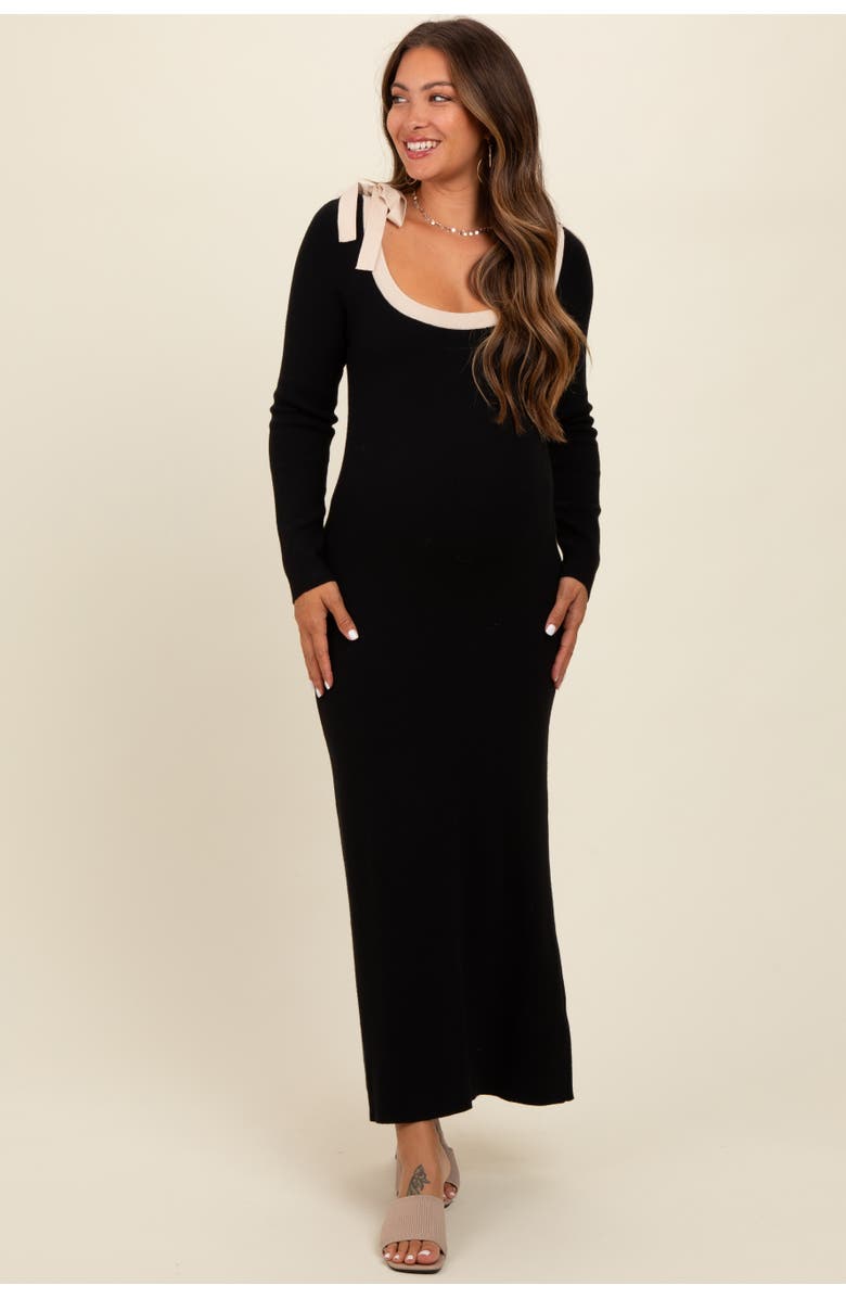 PinkBlush Shoulder Bow Detail Maxi Sweater Dress, Main, color, Black