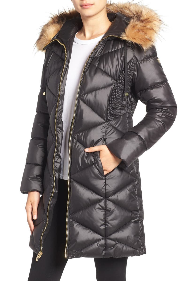 GUESS Quilted Puffer Coat with Faux Fur Trim, Main, color, 