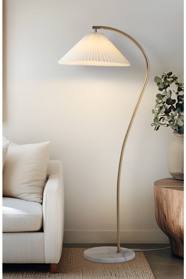 Athena 62" Gold LED Floor Lamp with Marble Base and Pleated Fabric Shade, Bulb Included, Alternate, color, Antique brass
