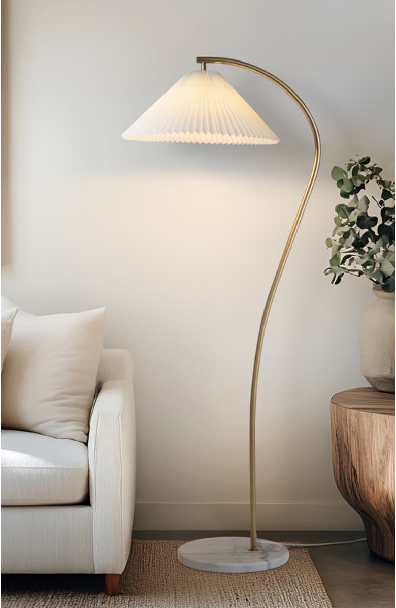 Brightech Athena 62" Gold LED Floor Lamp with Marble Base and Pleated Fabric Shade, Bulb Included, Alternate, color, Antique Brass