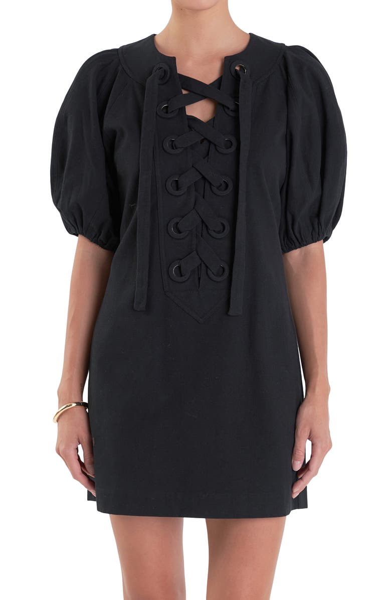 English Factory Lace-Up Front Puff Sleeve Minidress, Alternate, color, Black