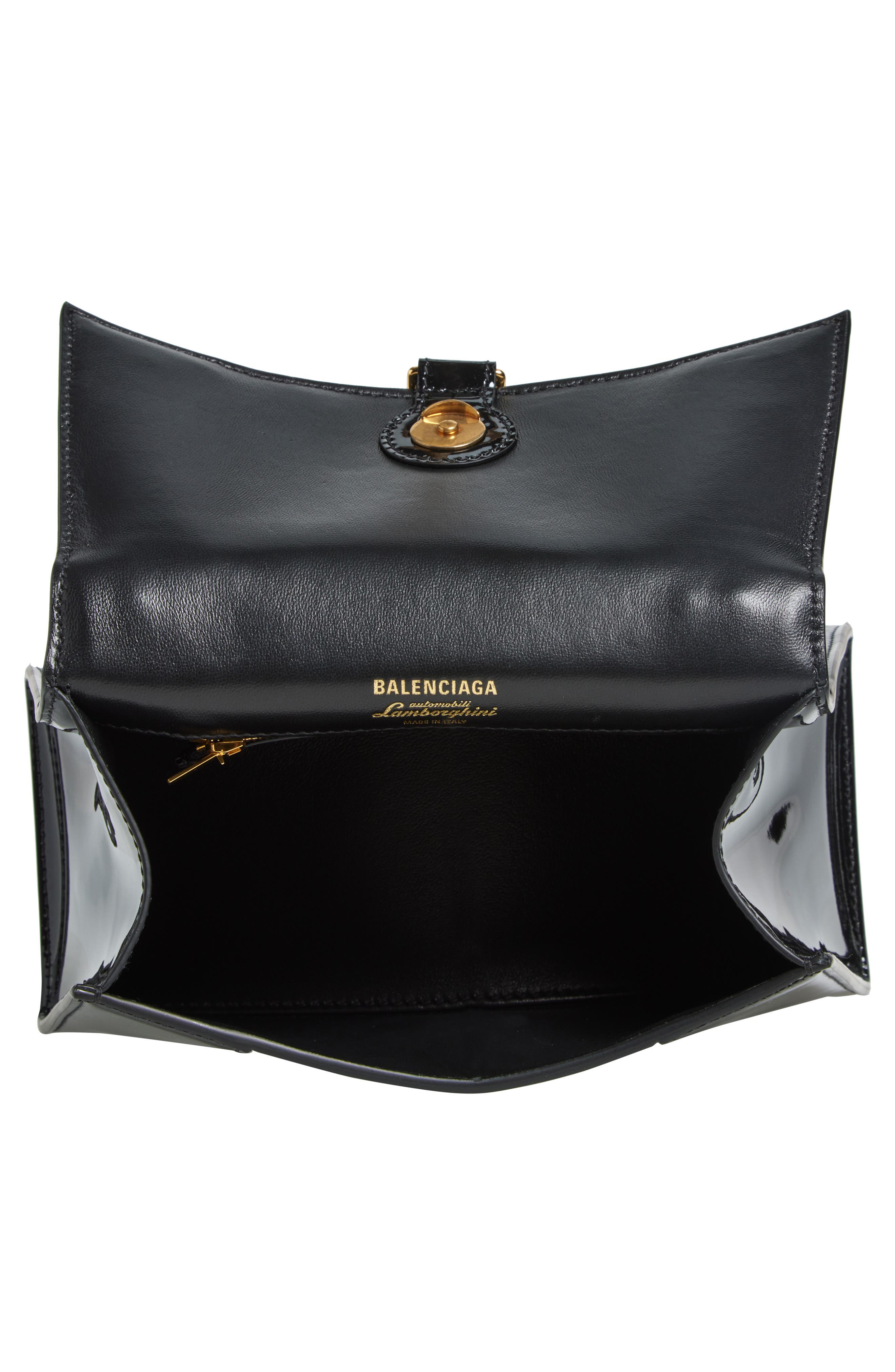 Balenciaga x Automobili Lamborghini Small Hourglass Patent Leather Top Handle Bag, Alternate, color, 1000 Black
