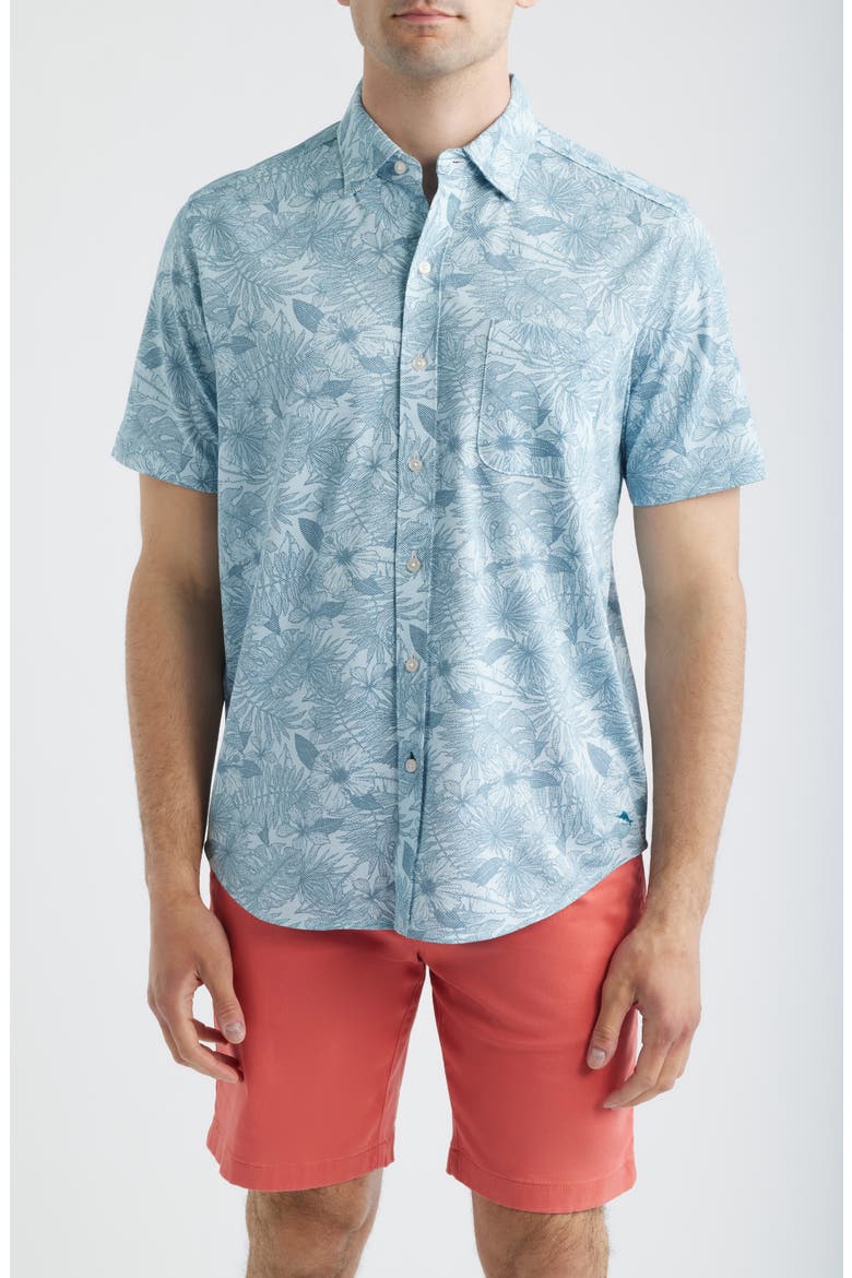 San Lucio Villa Evora IslandZone® Knit Short Sleeve Cotton Blend Button-Up Shirt, Main, color, SEA ICE