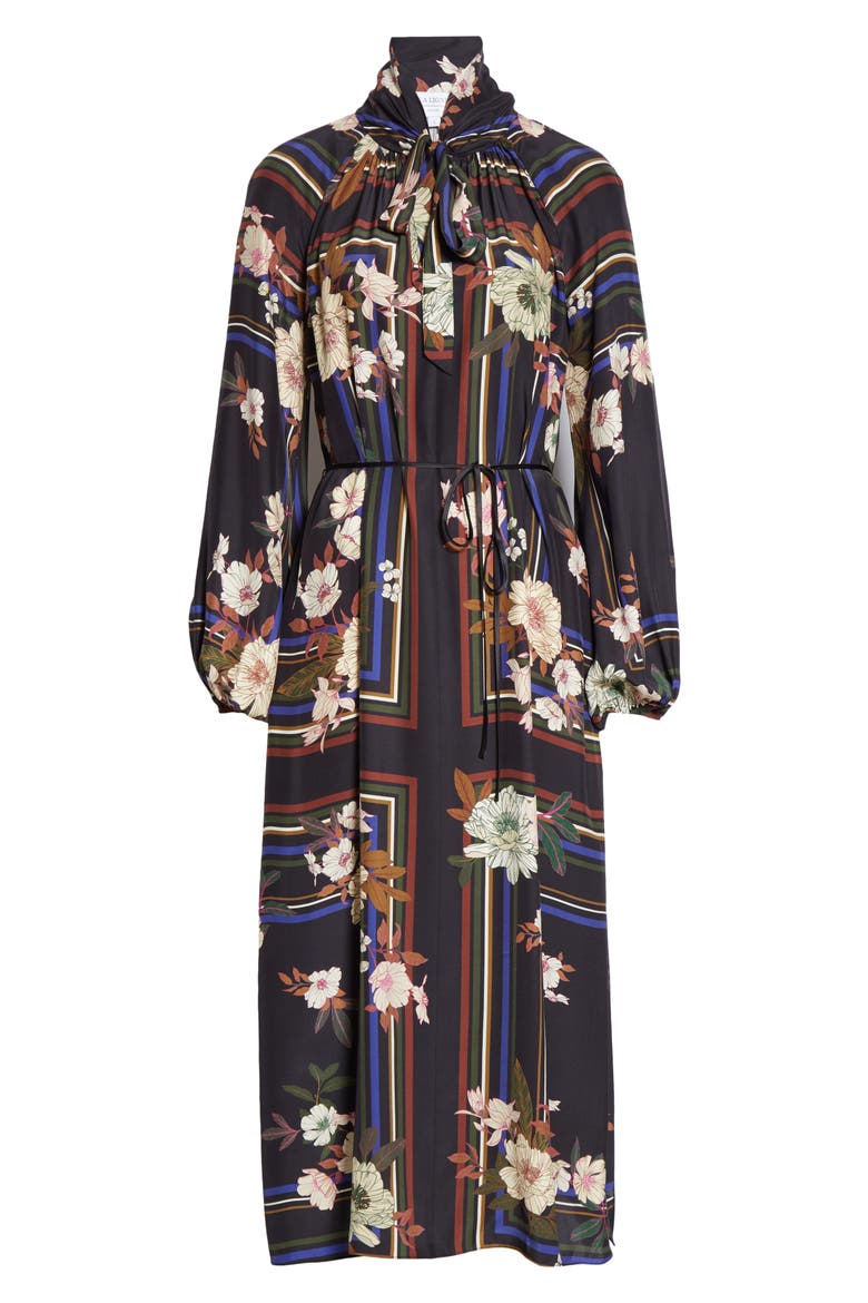 Tie Neck Scarf Print Silk Maxi Dress, Alternate, color, MAGNOLIA SCARF PRINT