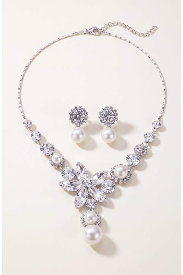 Flower Pearl Drop Necklace and Earrings Set, Main, color, Silver