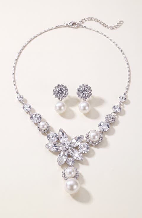 Flower Pearl Drop Necklace and Earrings Set