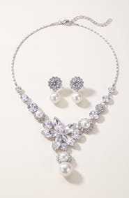 Modenaire Flower Pearl Drop Necklace and Earrings Set