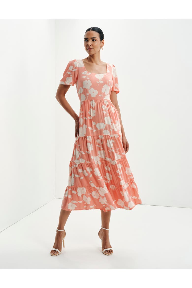Teresa Floral Print Tiered Midi Dress, Alternate, color, Coral Floral