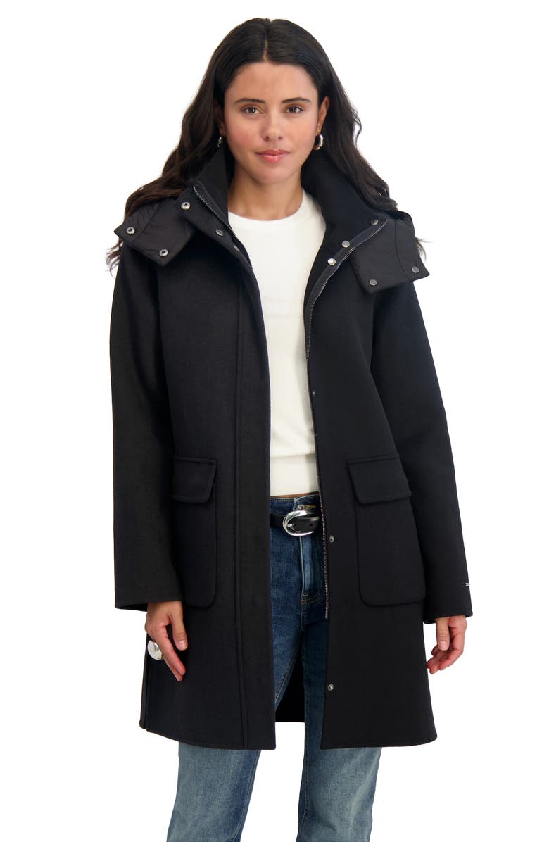 Tahari Bristol Wool Blend Coat with Removable Hood, Alternate, color, Black