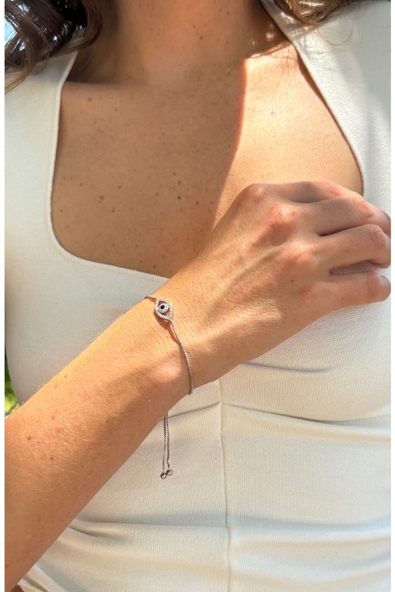 White Rhodium Plated Pavé Swarovski Crystal Evil Eye Lariat Bracelet, Alternate, color, SILVER