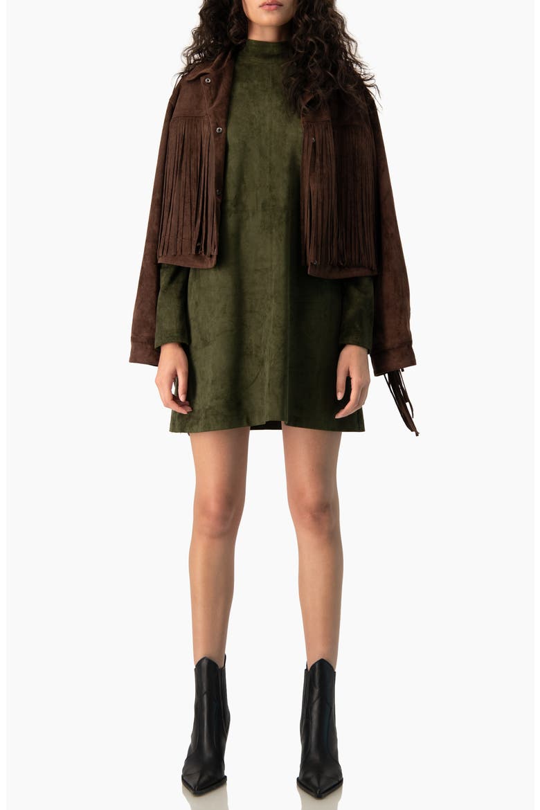 Faux-Suede Mock-Neck Long-Sleeve A-Line Mini Dress, Alternate, color, Olive Green